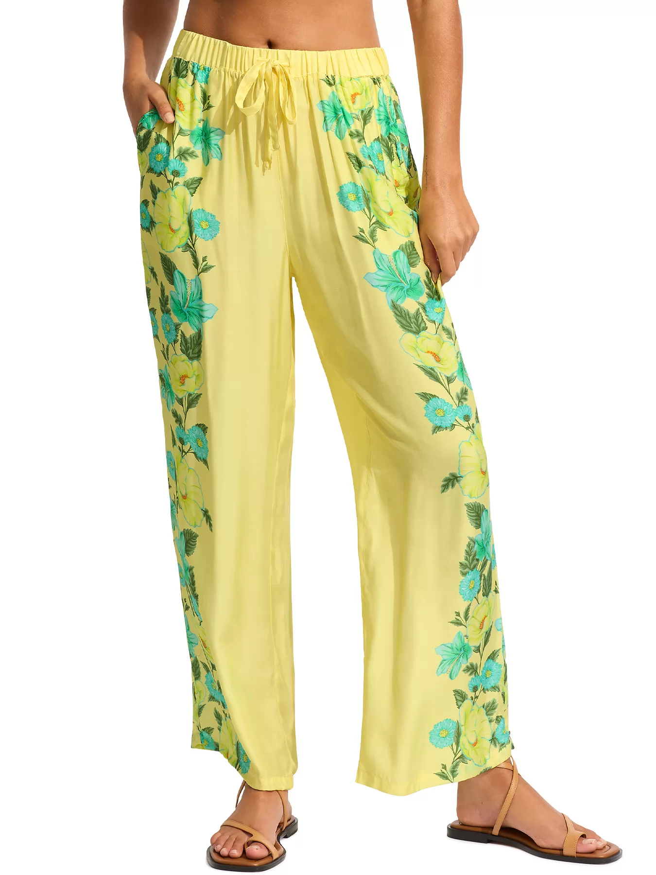 Niebieski, wielobarwny, zielony, żółty Jedwabne spodnie plażowe Seafolly Garden Party 55145-PA - zdjęcie 1