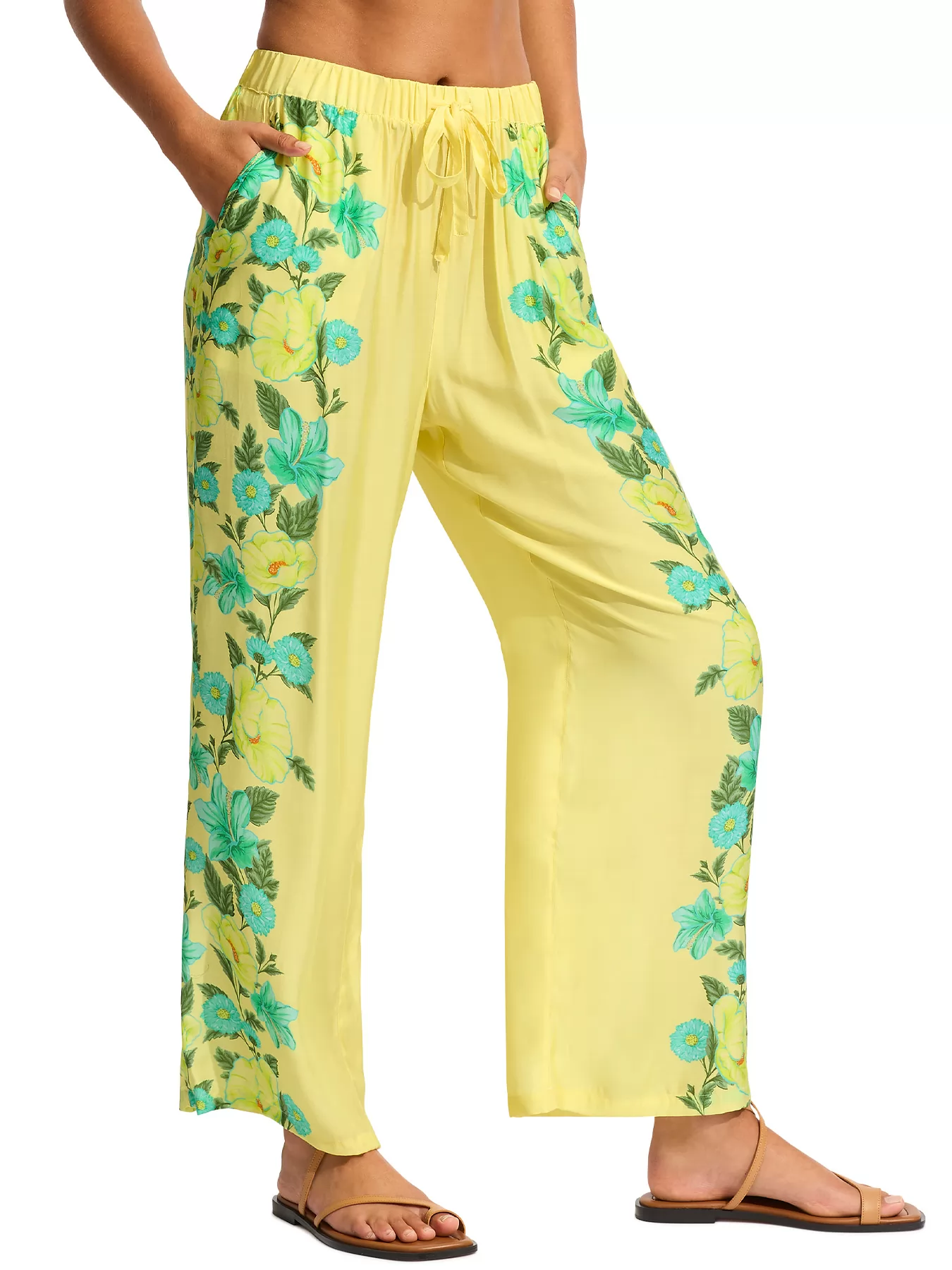 Niebieski, wielobarwny, zielony, żółty Jedwabne spodnie plażowe Seafolly Garden Party 55145-PA - zdjęcie 3