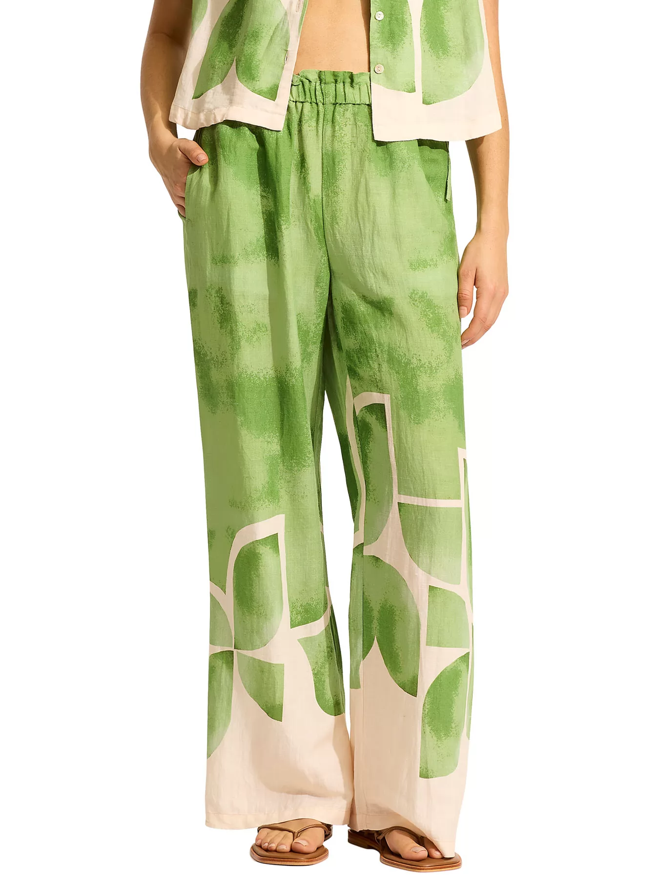 Kremowy, zielony Lniane spodnie plażowe Seafolly Sunray 55456-PA - zdjęcie 1