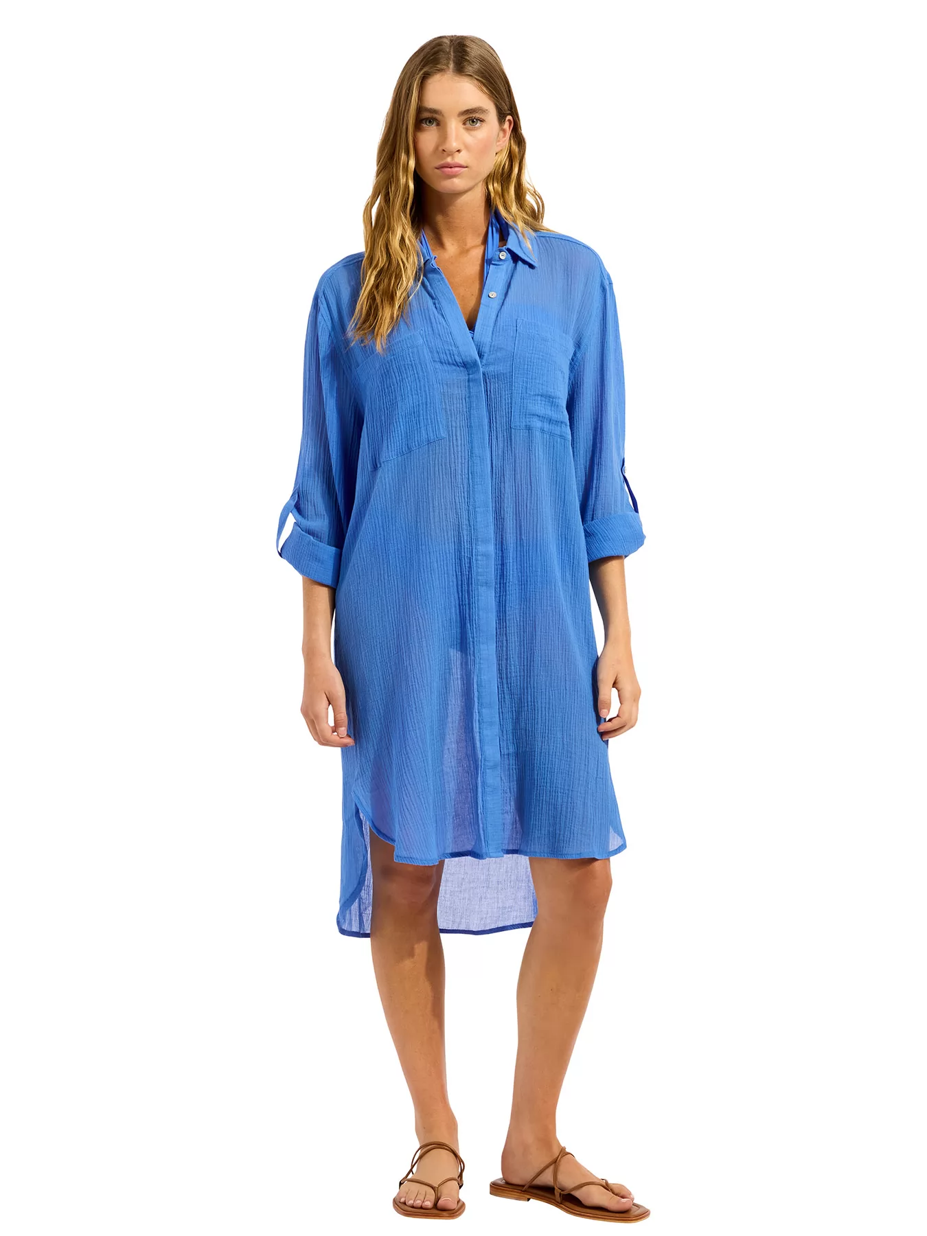 Niebieski Koszula plażowa Seafolly Beach Edit Crinkle Twill 55536-CU - zdjęcie 1