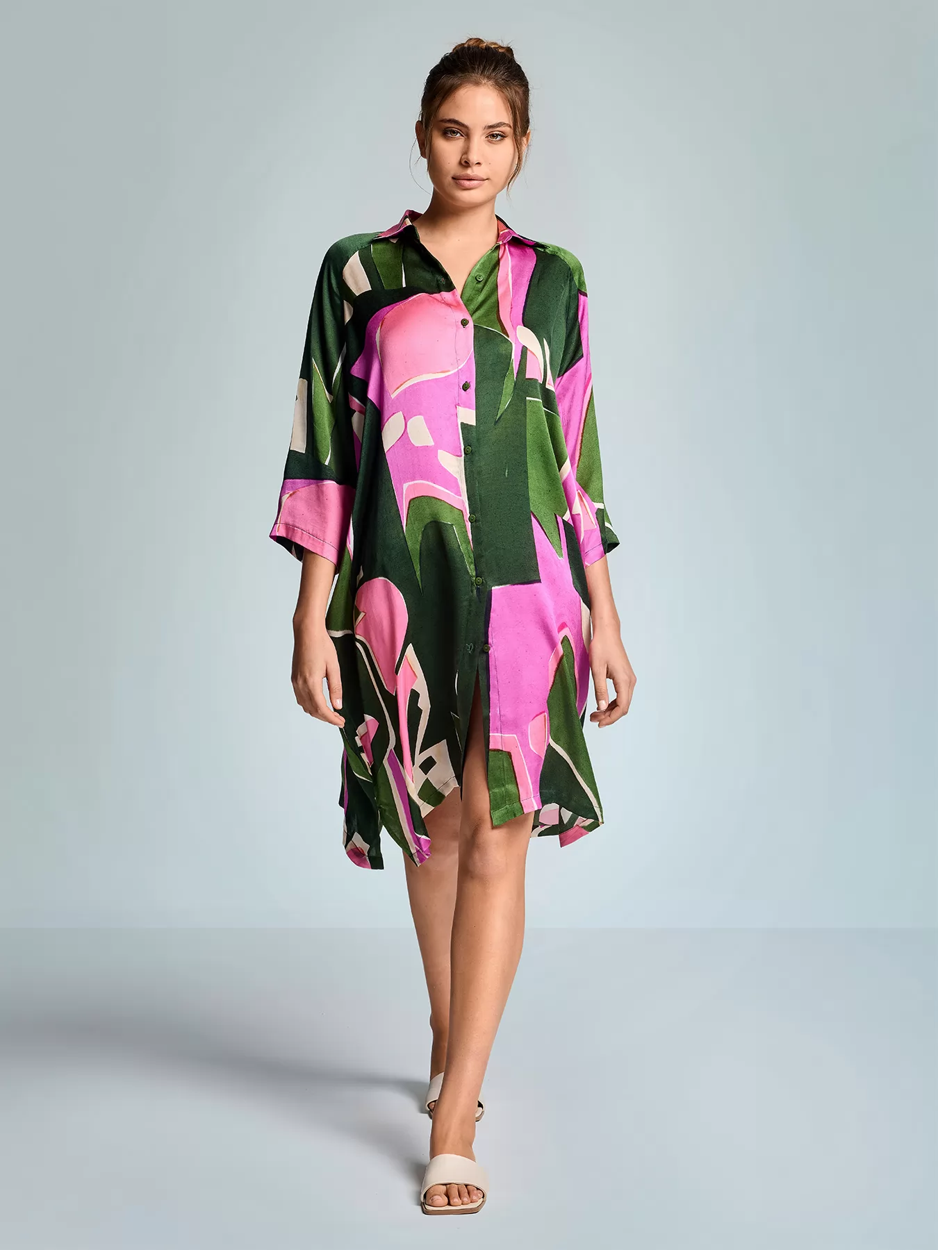 Różowy, wielobarwny, zielony Włoska sukienka Iconique Annabelle 26-098 - zdjęcie 1