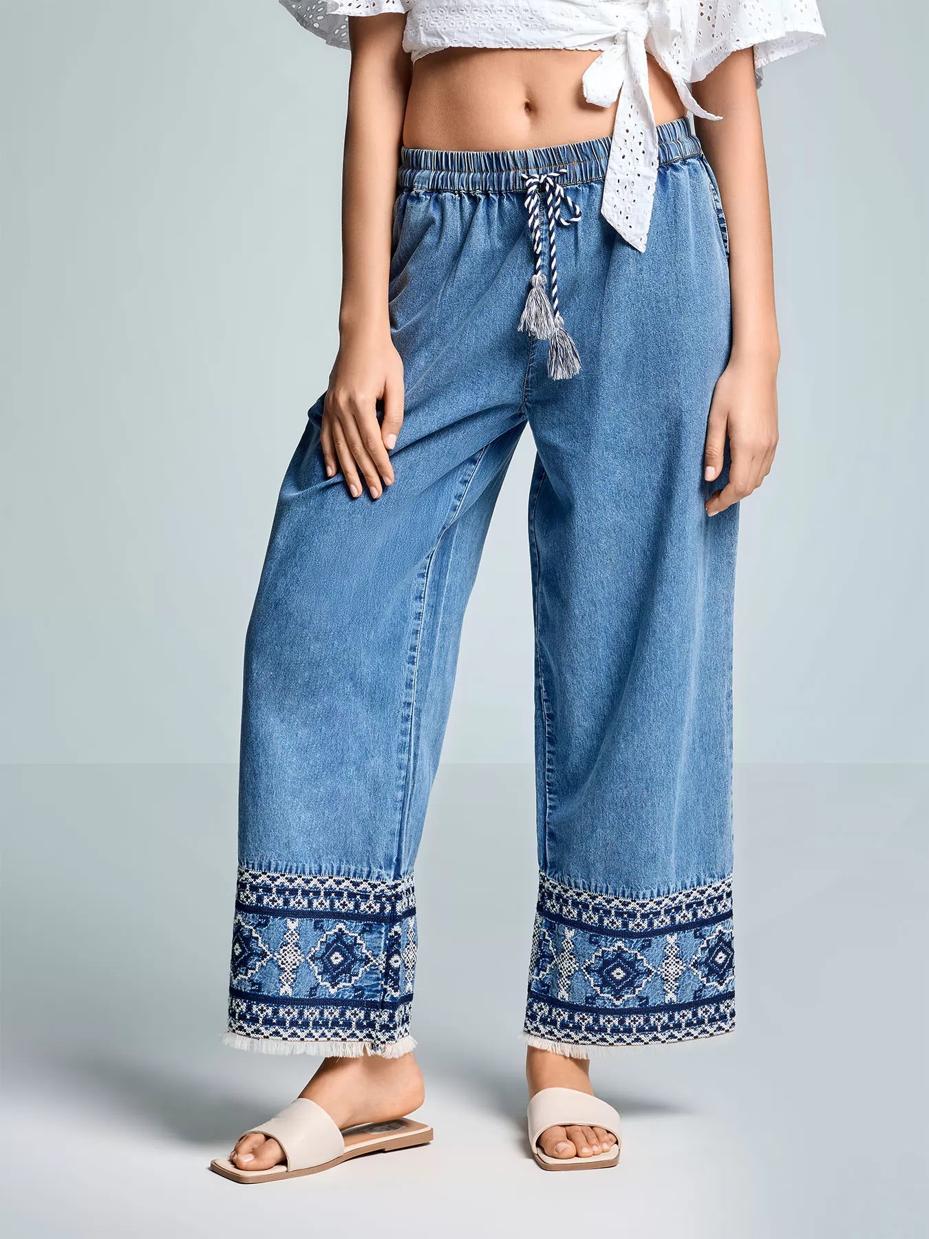 Niebieski Spodnie materiałowe Iconique Palazzo 26-028 - zdjęcie 3